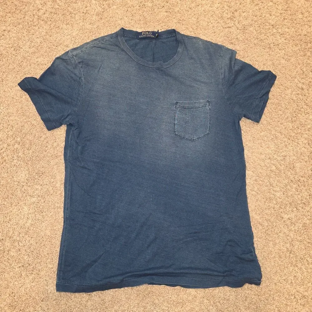 Polo Ralph Lauren, navy basic tshirt with single pocket, destressed look sz M